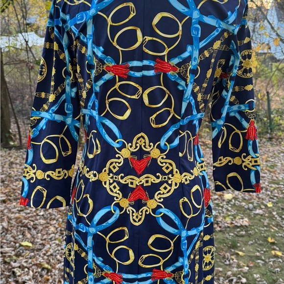 J McLaughlin Tunic Dress Blue Chain Link V Neck Preppy Equestrian Size Medium - Picture 4 of 11